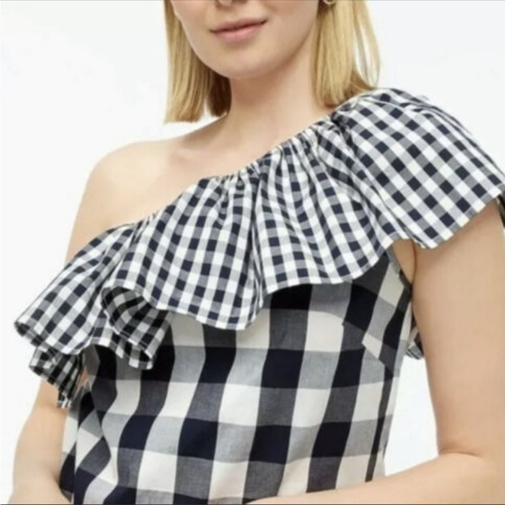J Crew Gingham One Shoulder Ruffle Top